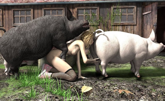 Свиньи визжат от удовольствия когда ебут похотливую зоофилку на порно фото