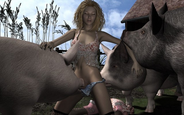 Свиньи визжат от удовольствия когда ебут похотливую зоофилку на порно фото